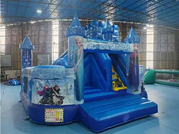 Blue Castle Inflatable Bounce House with Slide side view