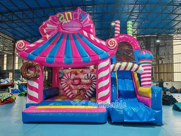 candy themed inflatable bounce-and-slide attraction rear view