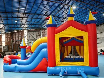 Colorful Castle Wet and Dry Bounce House Combo side view