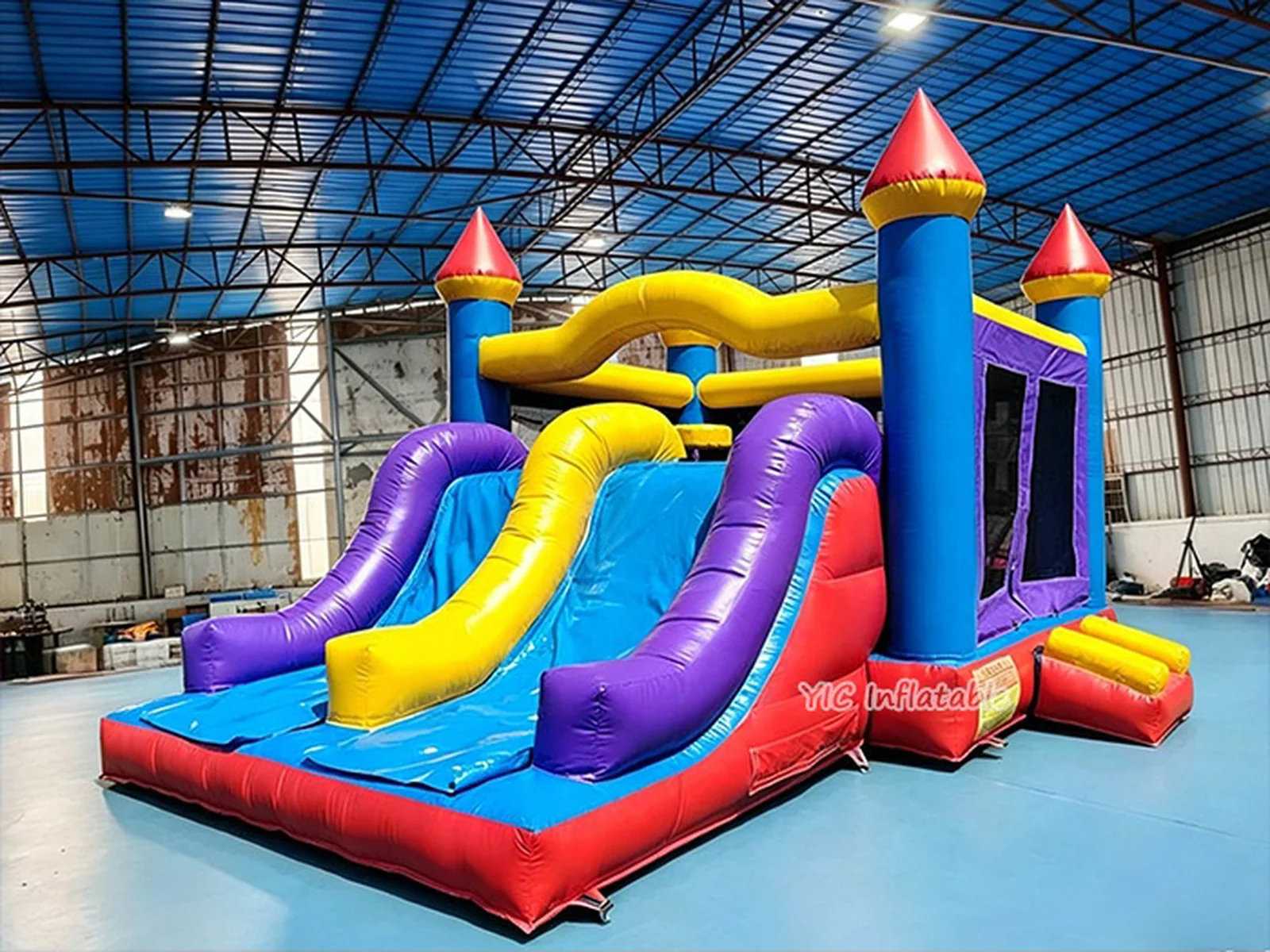 Colorful Triple-lane Castle Bounce House Combo front view