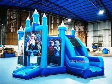Frozen Themed Blue Bounce House Combo front view