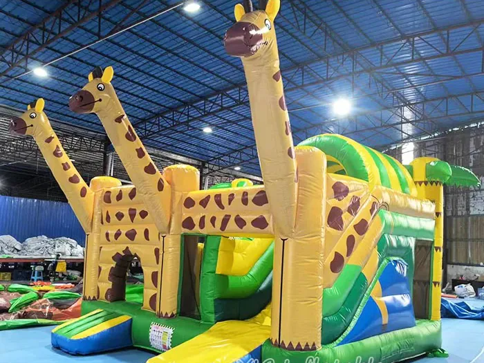 giraffe themed inflatable bounce-and-slide attraction detail view