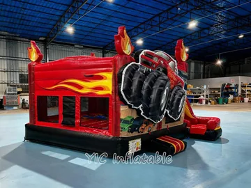 monster truck themed inflatable bounce-and-slide attraction detail view