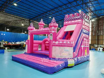 Commercial Pink Castle Bounce House with Slide side view