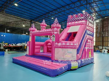 Commercial Pink Castle Bounce House with Slide play layout