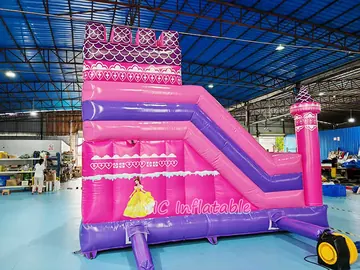 Commercial Pink Castle Bounce House with Slide detail view