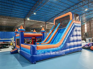 rainbow themed inflatable bounce-and-slide attraction detail view