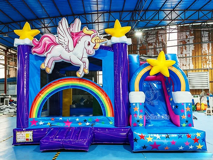 unicorn themed inflatable bounce-and-slide attraction front view