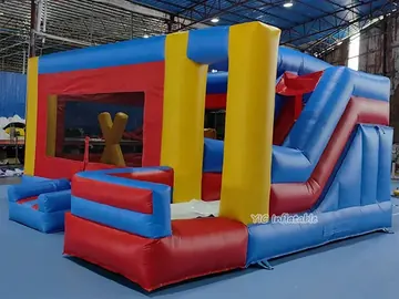 Red and Blue Bounce House with Slide side view