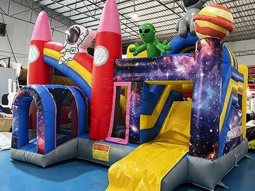 rocket themed inflatable bounce-and-slide attraction detail view