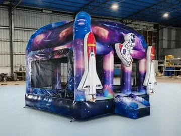 Spaceship Inflatable Jumper with Pool side view