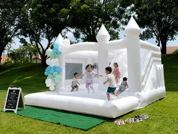White Inflatable Bounce House with Ball Pit front view