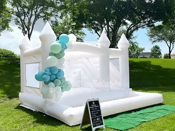 White Inflatable Bounce House with Ball Pit side view