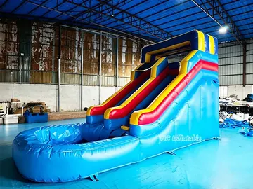 blue double-slide inflatable water slide rear view