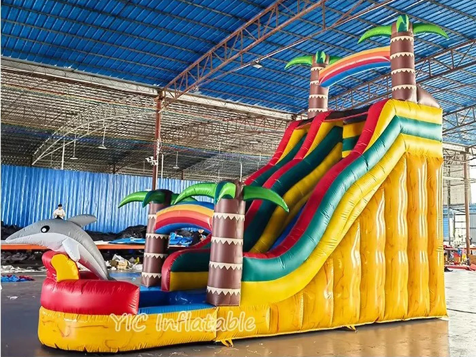 Dolphin Inflatable Water Slide with Pool side view