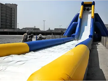 blue-yellow slip n slide inflatable water slide rear view