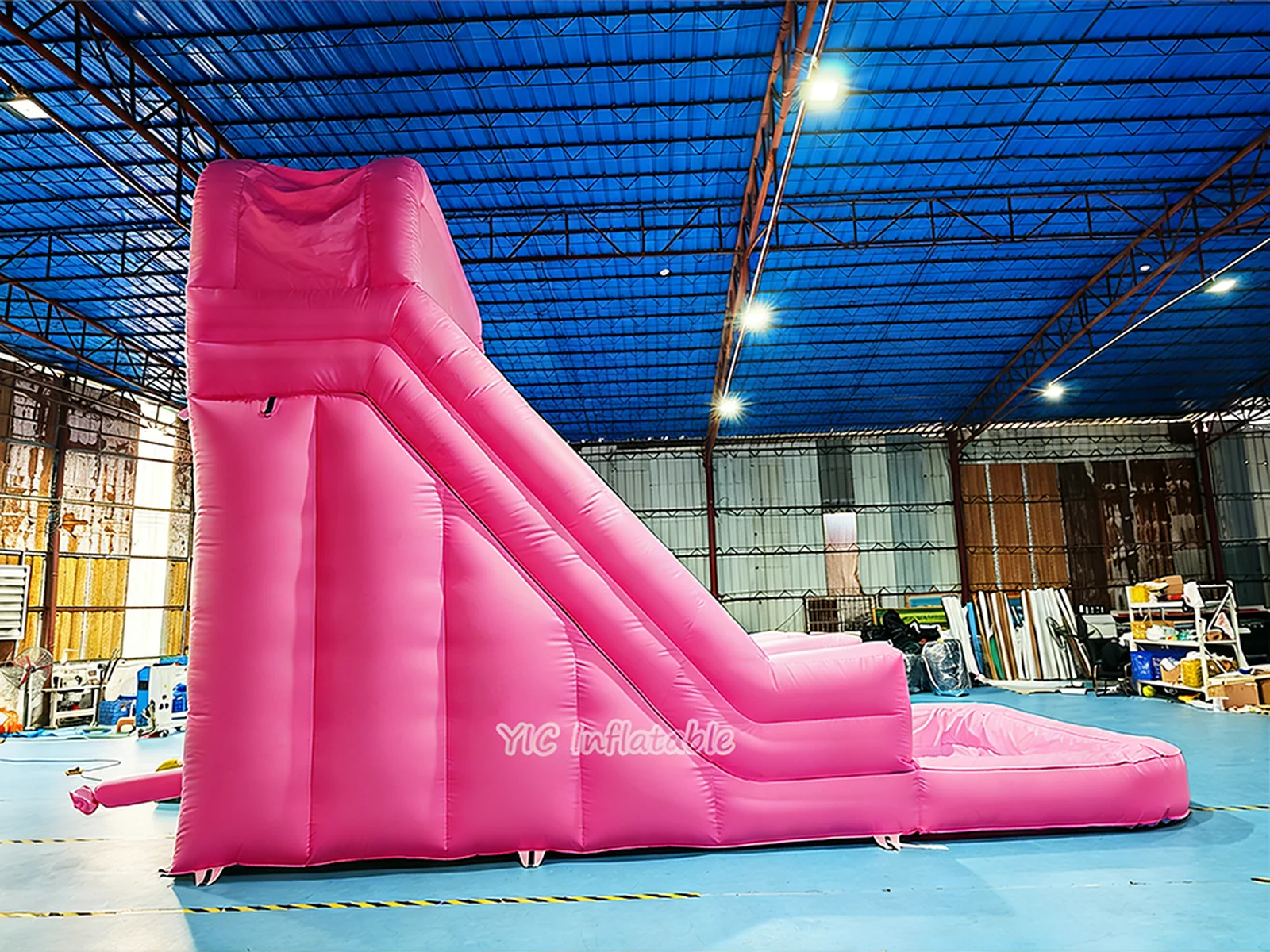 pink multi-lane pool inflatable water slide rear view