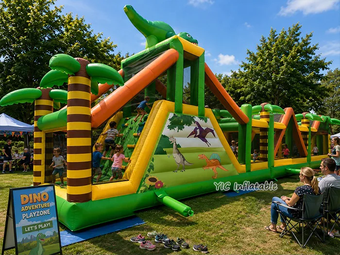 dinosaur themed inflatable challenge course front view