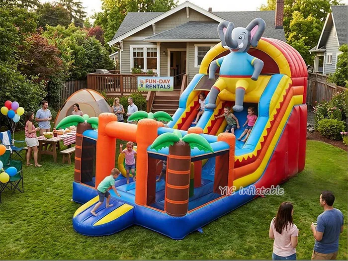 elephant themed inflatable challenge course front view