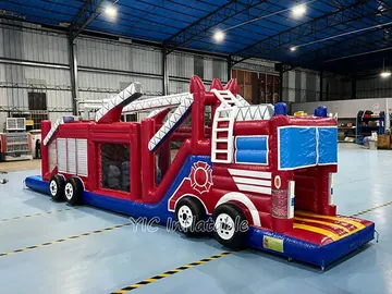 truck themed inflatable challenge course detail view