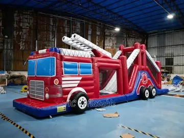 truck themed inflatable challenge course detail view