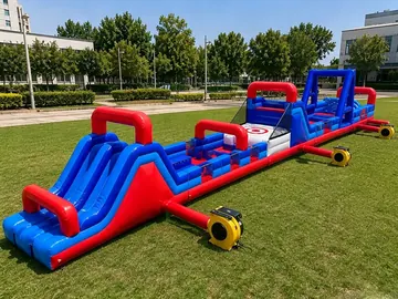 football themed inflatable challenge course rear view