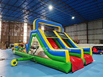 panda themed inflatable challenge course detail view