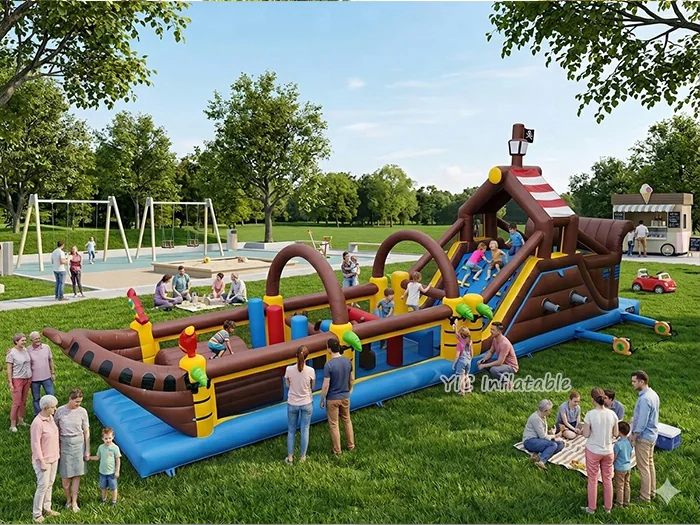 pirate themed inflatable challenge course front view