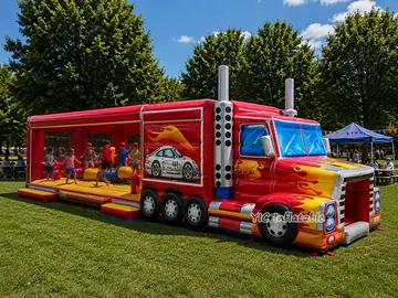 truck themed inflatable challenge course rear view