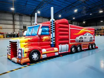 truck themed inflatable challenge course detail view