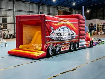 truck themed inflatable challenge course detail view