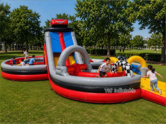 custom inflatable challenge course front view