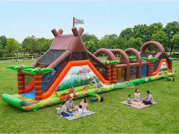 safari themed inflatable challenge course rear view