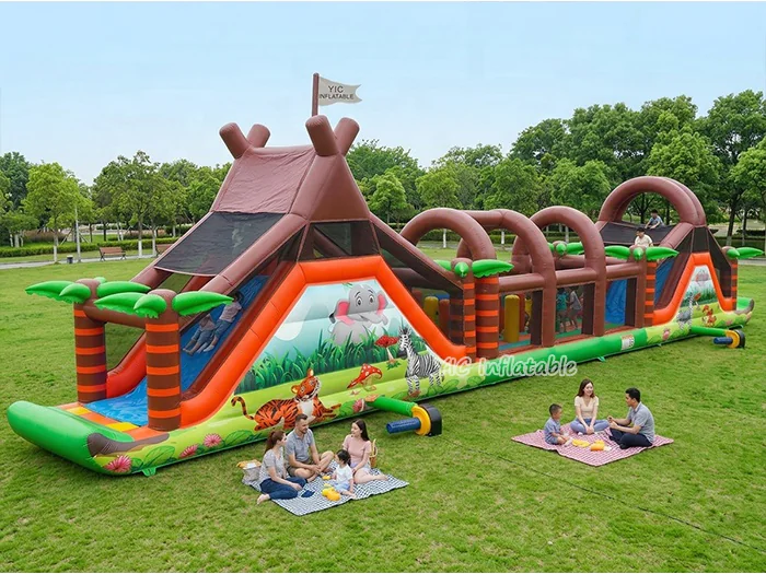 safari themed inflatable challenge course front view