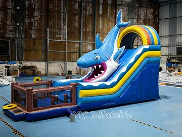 shark themed inflatable challenge course detail view