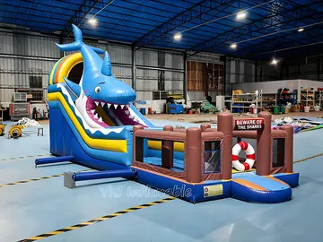 shark themed inflatable challenge course detail view