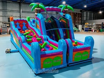 tropical themed inflatable challenge course detail view