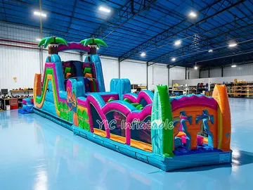 tropical themed inflatable challenge course detail view