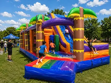 tropical themed inflatable challenge course detail view