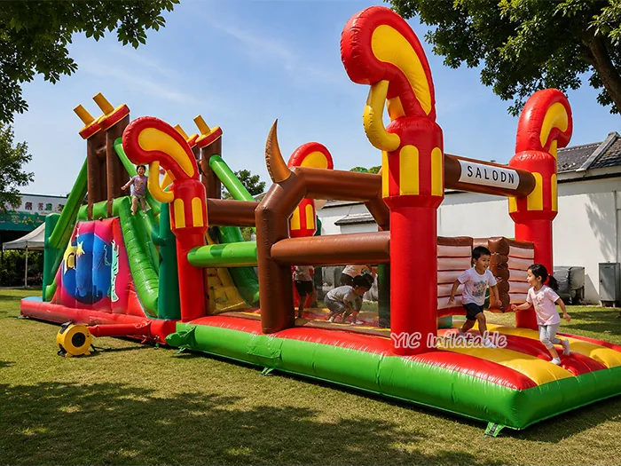 cowboy themed inflatable challenge course front view
