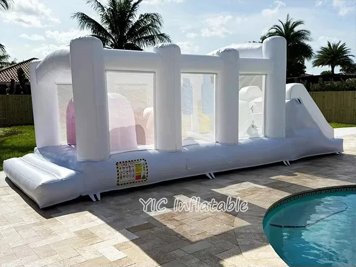 White Inflatable Obstacle Course with Slide front view