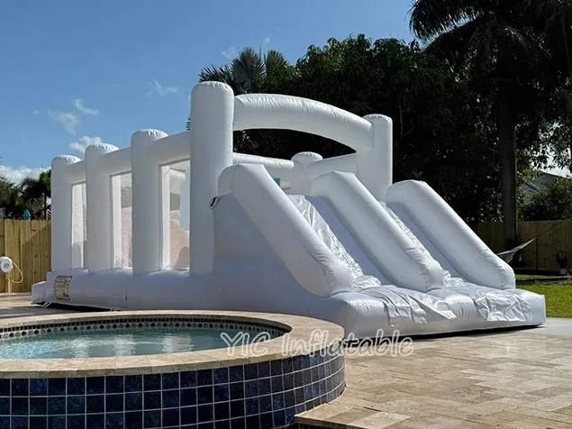 White Inflatable Obstacle Course with Slide side view