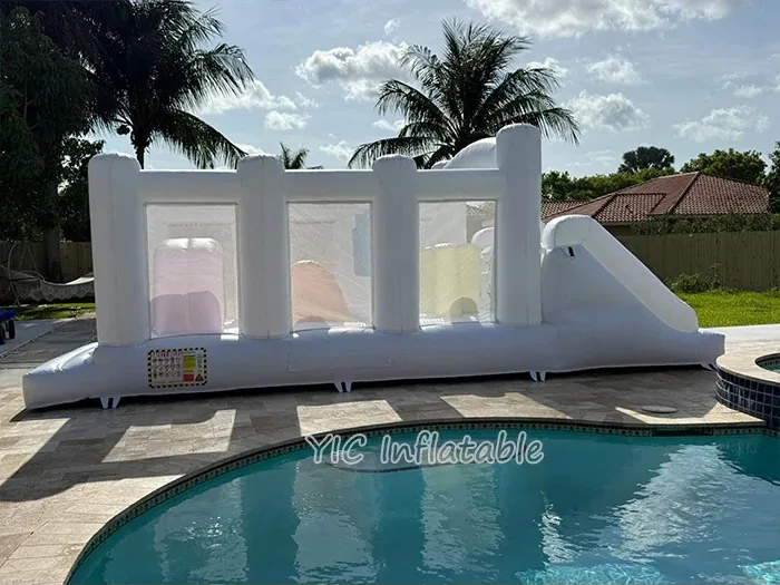 White Inflatable Obstacle Course with Slide play layout