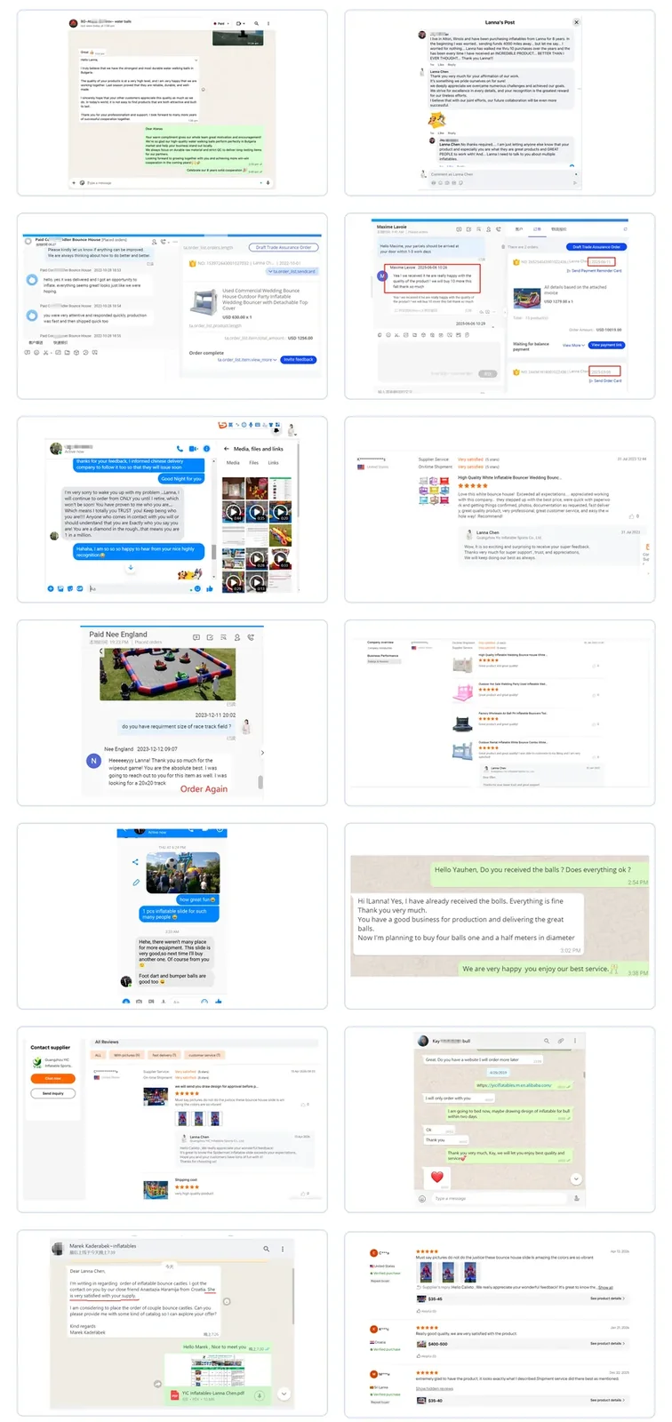 YIC customer feedback and repeat-order messages from inflatable buyers